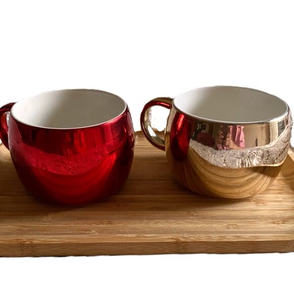 Two 2 Starbucks 2013 Holiday Christmas Ceramic gold and red Mirror Mugs Cups - Picture 1 of 11